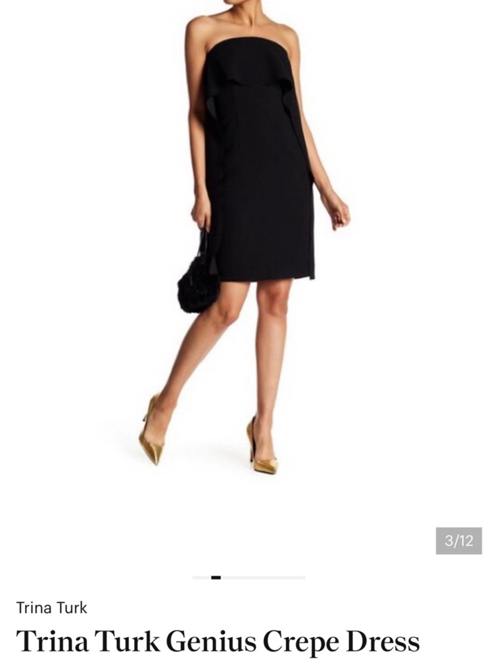 TRINA TURK Genius Crepe Dress - Strapless Cascading Ruffle - Size Large Black